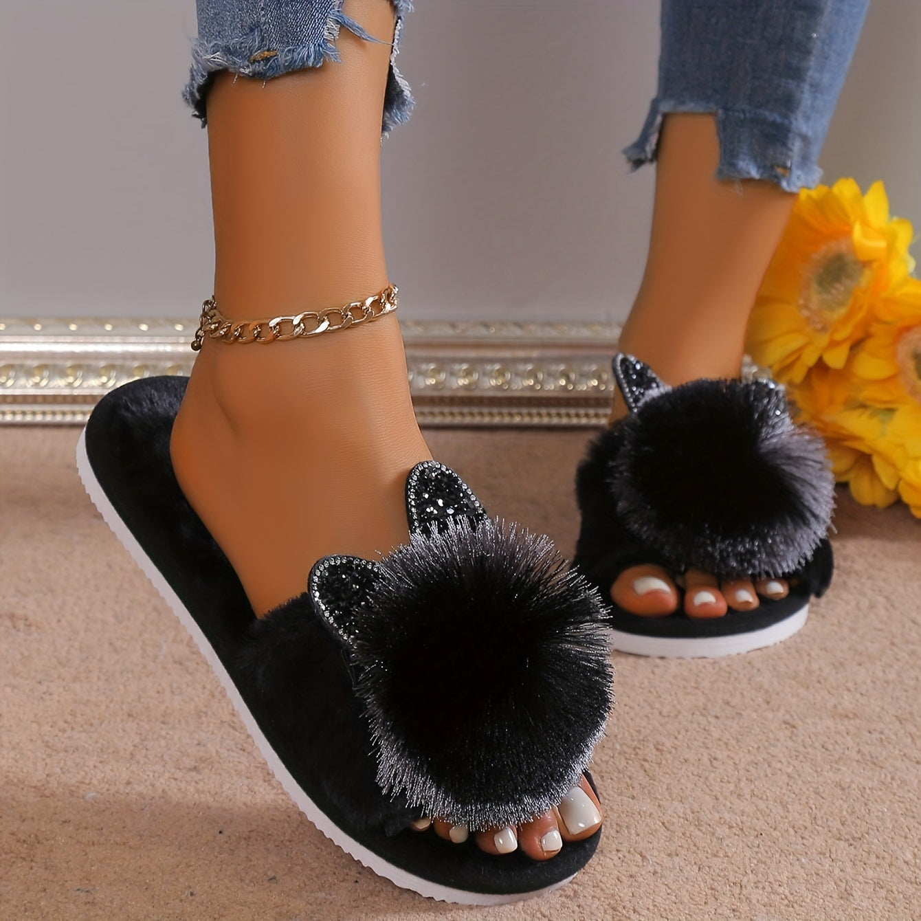 Soft Women's Slip-On Slippers | All-Season Indoor House Shoes with Plush Faux Fur Trim & Sparkling Embellishments - Cute Slippers, Loungewear Essentials, Playful Design, Durable EVA Sole