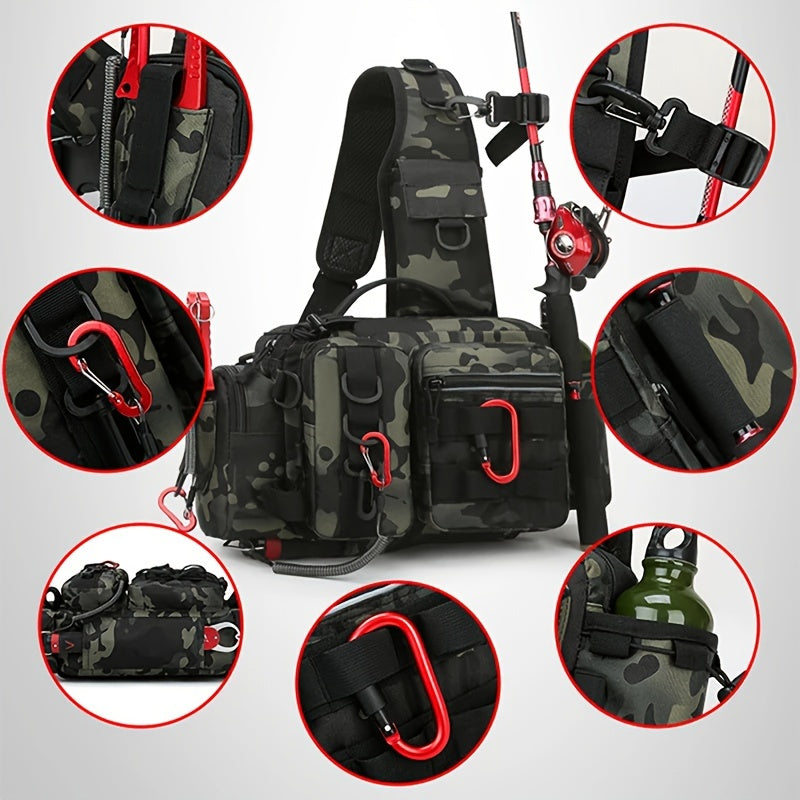 1pc Premium Waterproof Nylon Fishing Backpack - Multi-Functional Chest Bag with Adjustable Strap, Padded Shoulder Pads, and Multiple Compartments - Ideal for Fishing, Hiking, Camping, and Outdoor Adventures