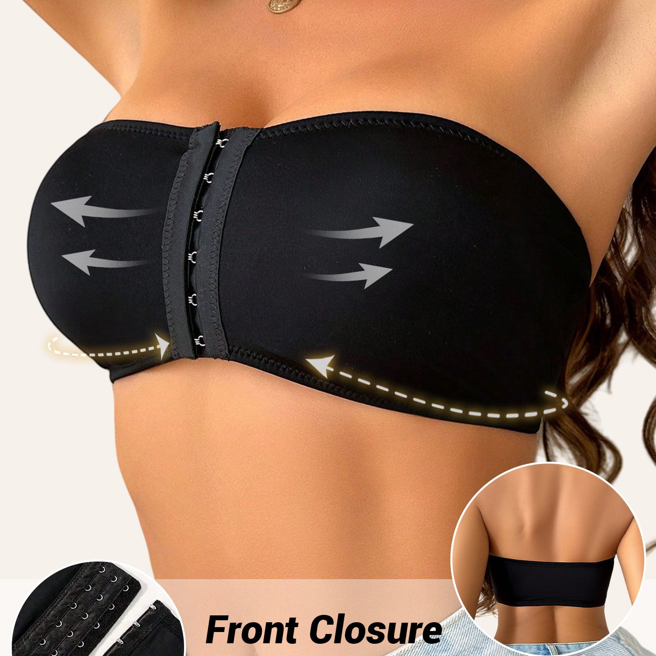 Women's Strapless T-Shirt Bra – Front Clasp & 6-Row Zipper, Seamless, No Underwire, Removable Pads, High-Elastic Soft Pink – Full Coverage for Yoga, Gym & Casual Wear