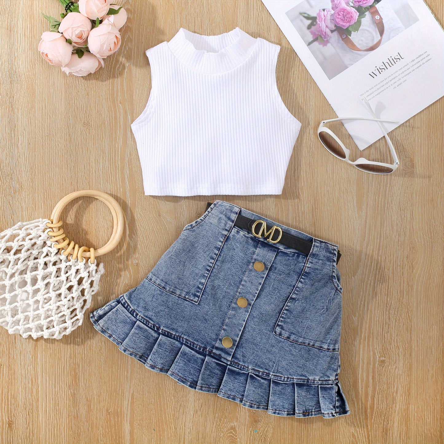 2pcs Toddler Girls Summer Outfit - Skirt Sets with Turtleneck Ribbed Knit Tank Top, Ruffled Hem Pleated Button Belted Denim Skirt, K-pop Inspired, Kids Clothing for Summer Season