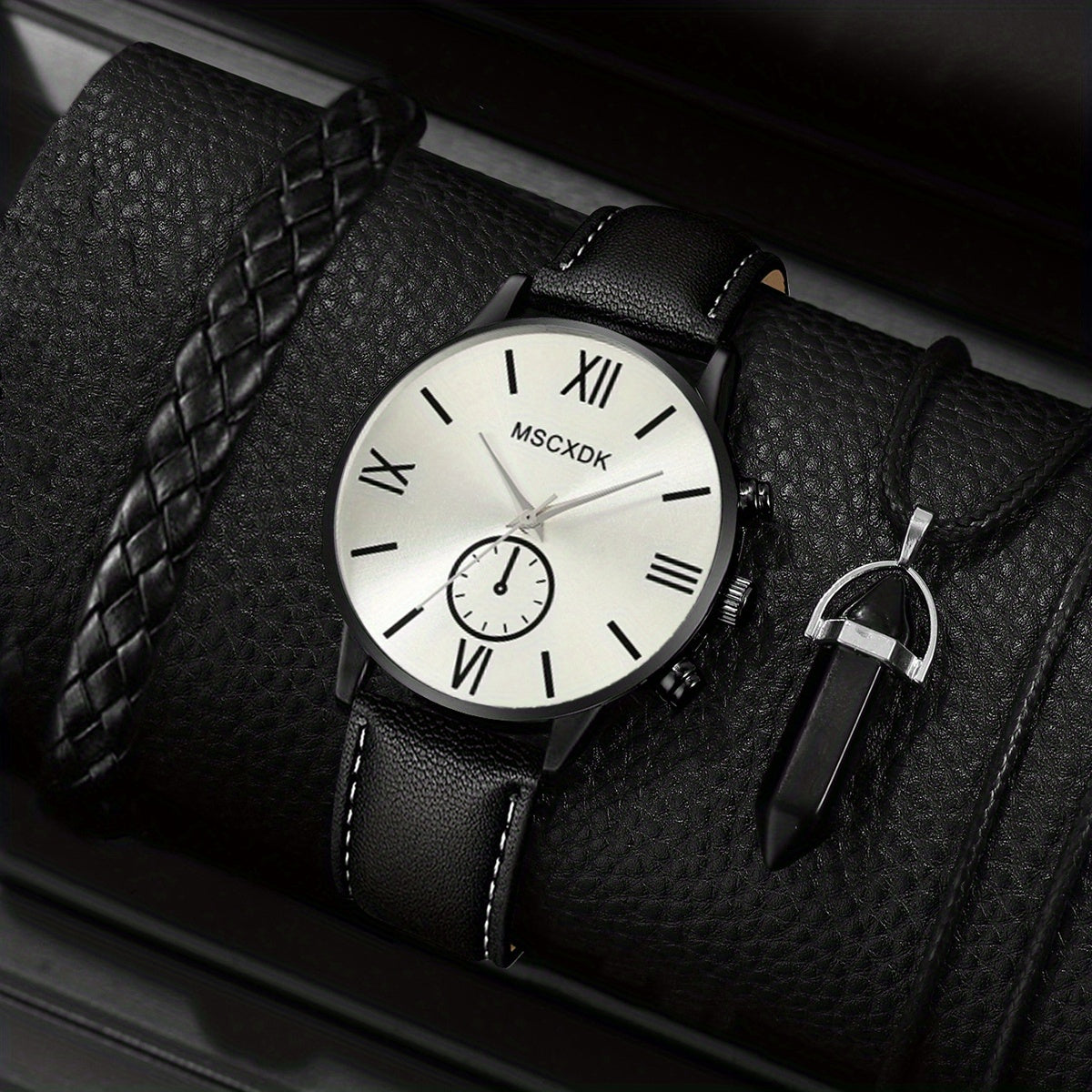 3pcs/set - Elegant Men's Quartz Watch with Matching Bracelet and Necklace - Stylish Timepiece, Perfect for Gifting on Special Occasions
