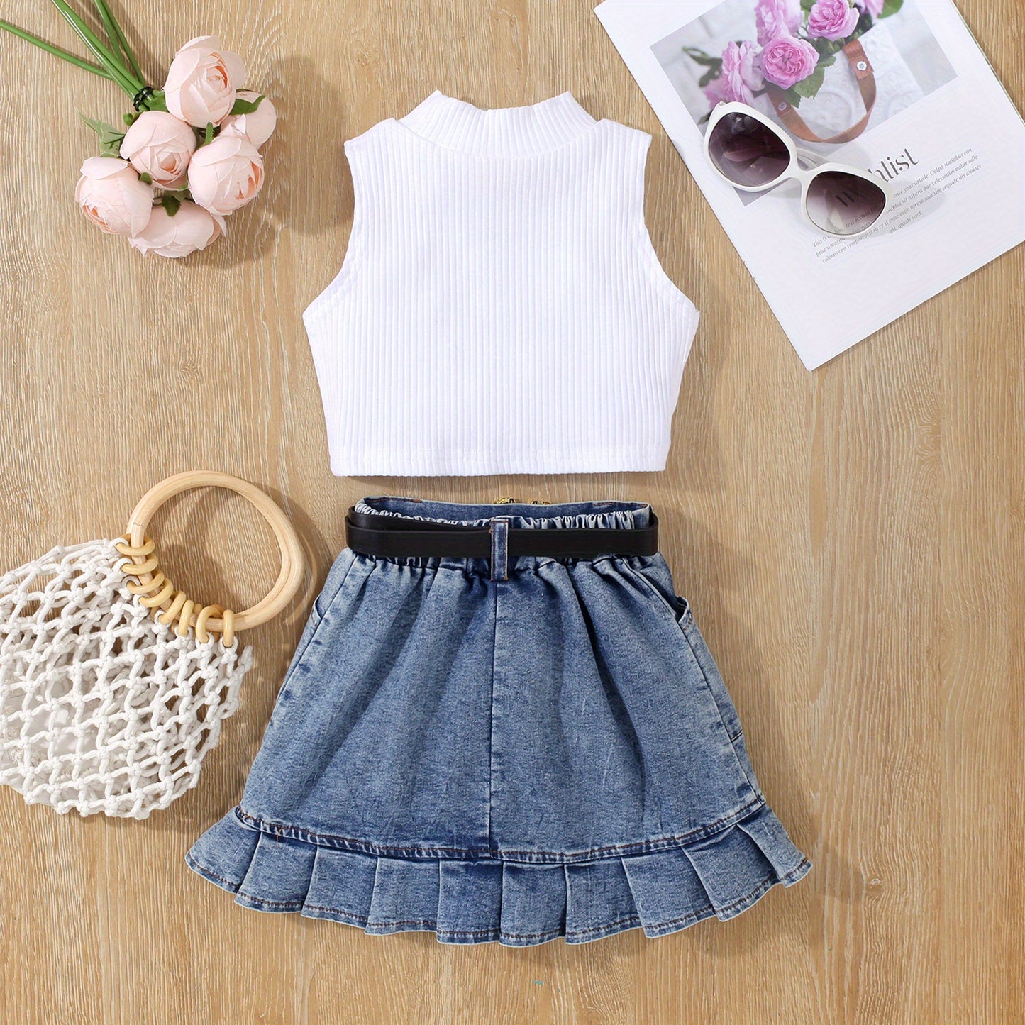 2pcs Toddler Girls Summer Outfit - Skirt Sets with Turtleneck Ribbed Knit Tank Top, Ruffled Hem Pleated Button Belted Denim Skirt, K-pop Inspired, Kids Clothing for Summer Season