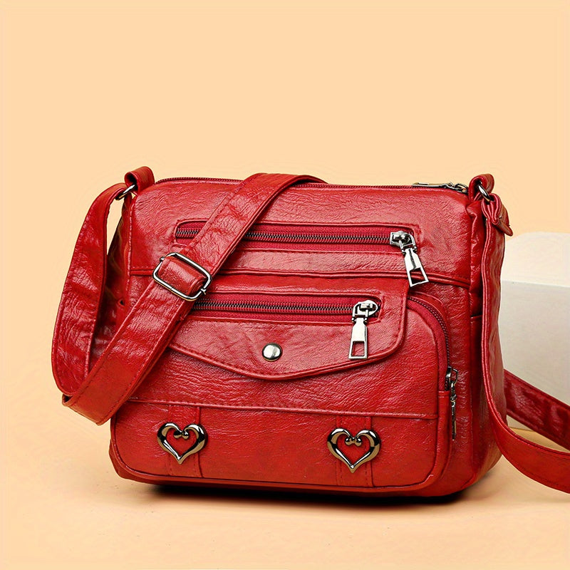 Retro Multi Pockets Crossbody Bag, Soft Faux Leather Shoulder Bag, Heart Decor Purse For Women
