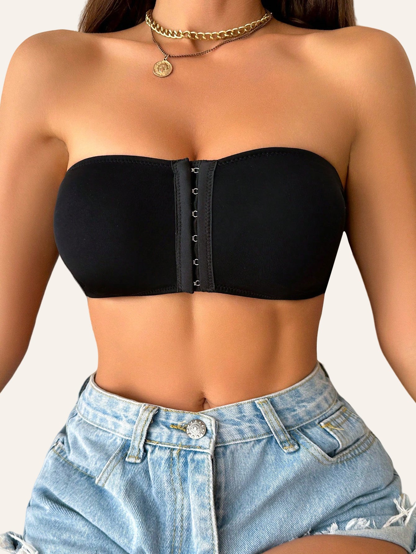Women's Strapless T-Shirt Bra – Front Clasp & 6-Row Zipper, Seamless, No Underwire, Removable Pads, High-Elastic Soft Pink – Full Coverage for Yoga, Gym & Casual Wear