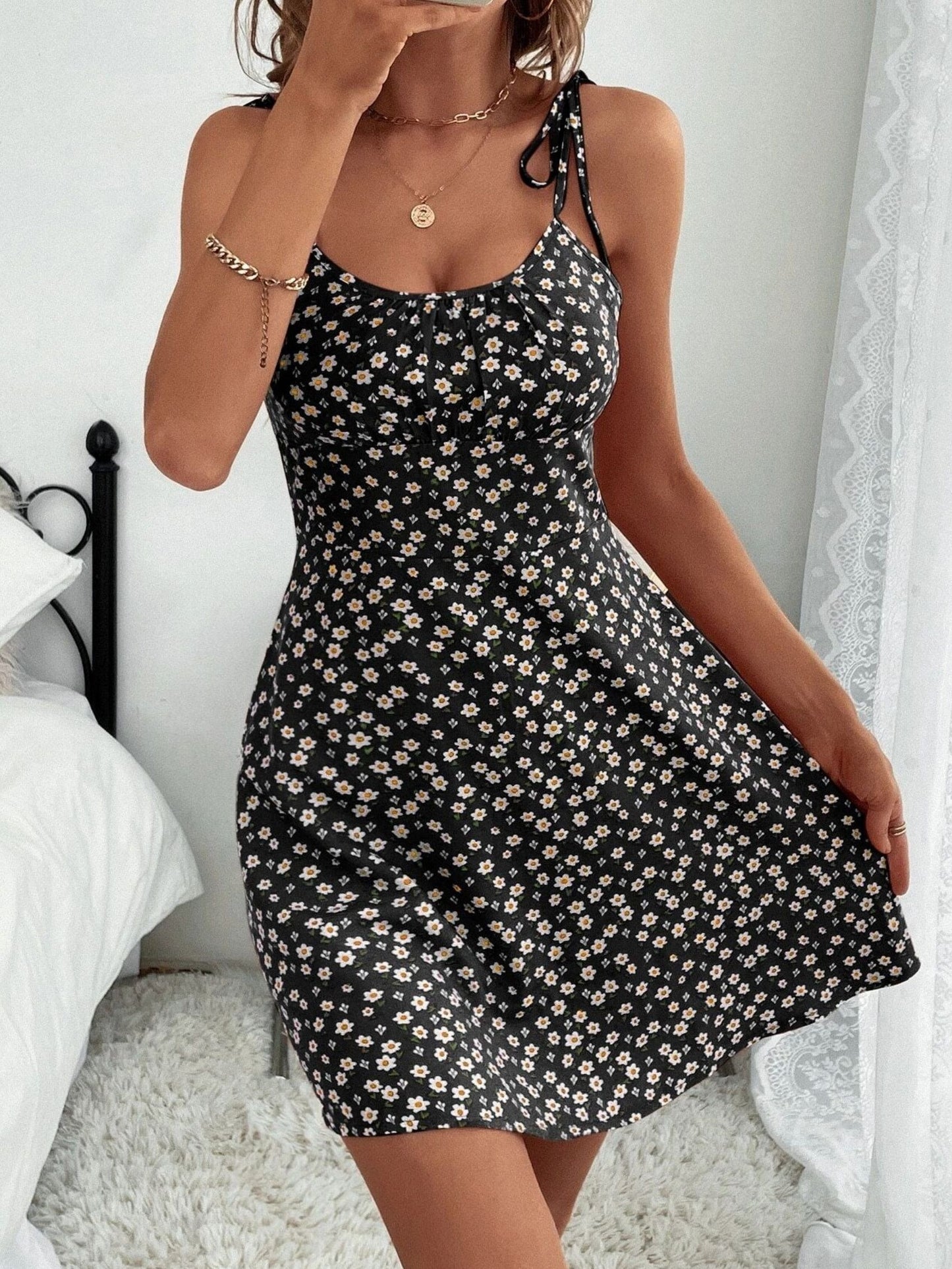 Floral Print Cami Dress, Vacation Sleeveless Ruched Summer Dress, Women's Clothing