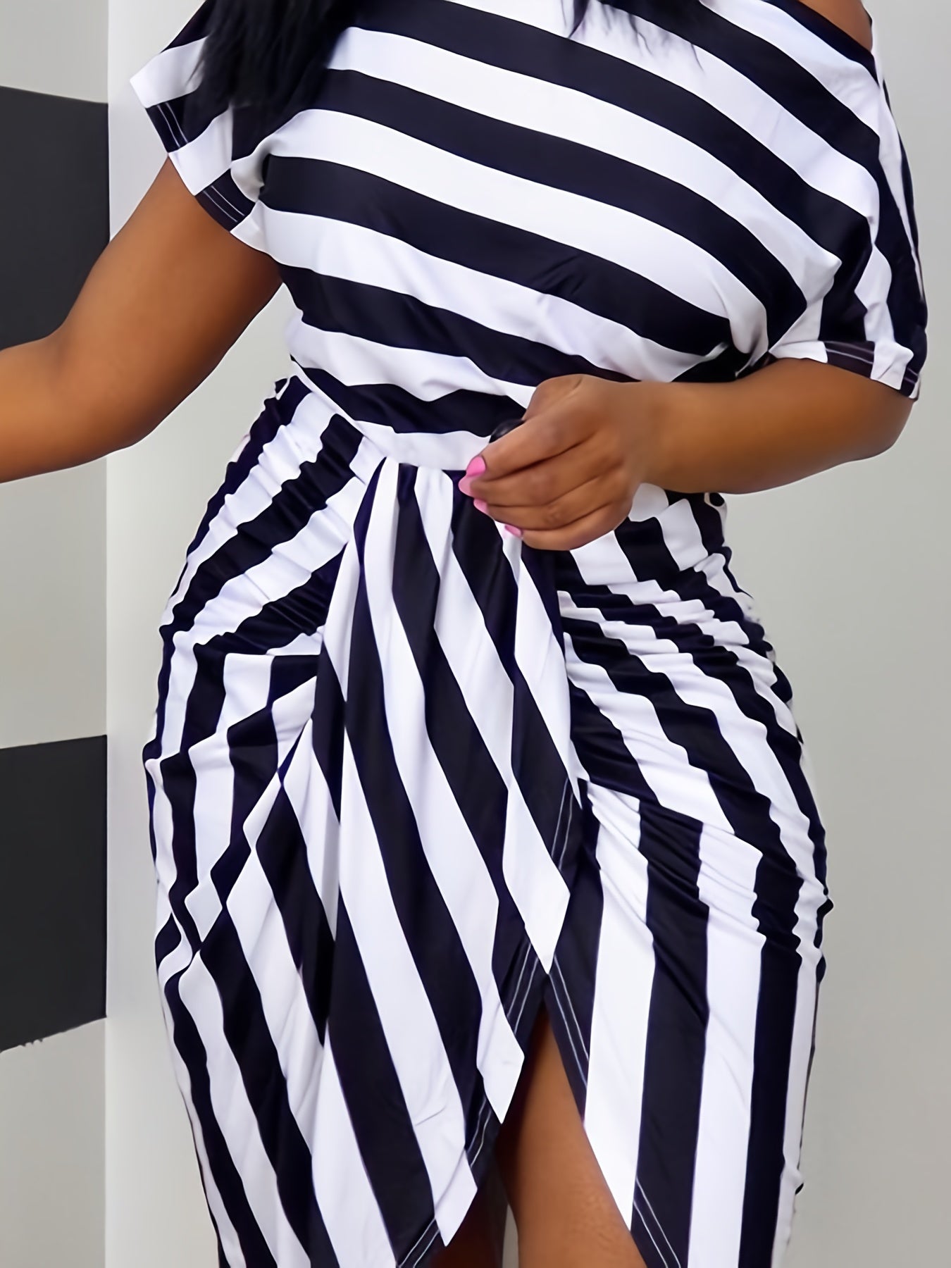 Striped Off Shoulder Dress, Casual Asymmetrical Short Sleeve Dress, Women's Clothing