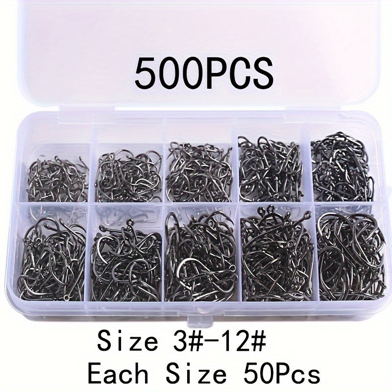 100/200/300/400/500pcs 3# - 12# Mixed Sizes Fishing Hook Set, Barbed Fishing Hooks With Eye, Fishing Tackle