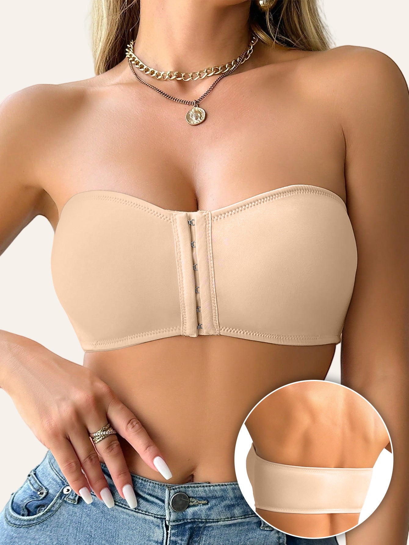 Women's Strapless T-Shirt Bra – Front Clasp & 6-Row Zipper, Seamless, No Underwire, Removable Pads, High-Elastic Soft Pink – Full Coverage for Yoga, Gym & Casual Wear