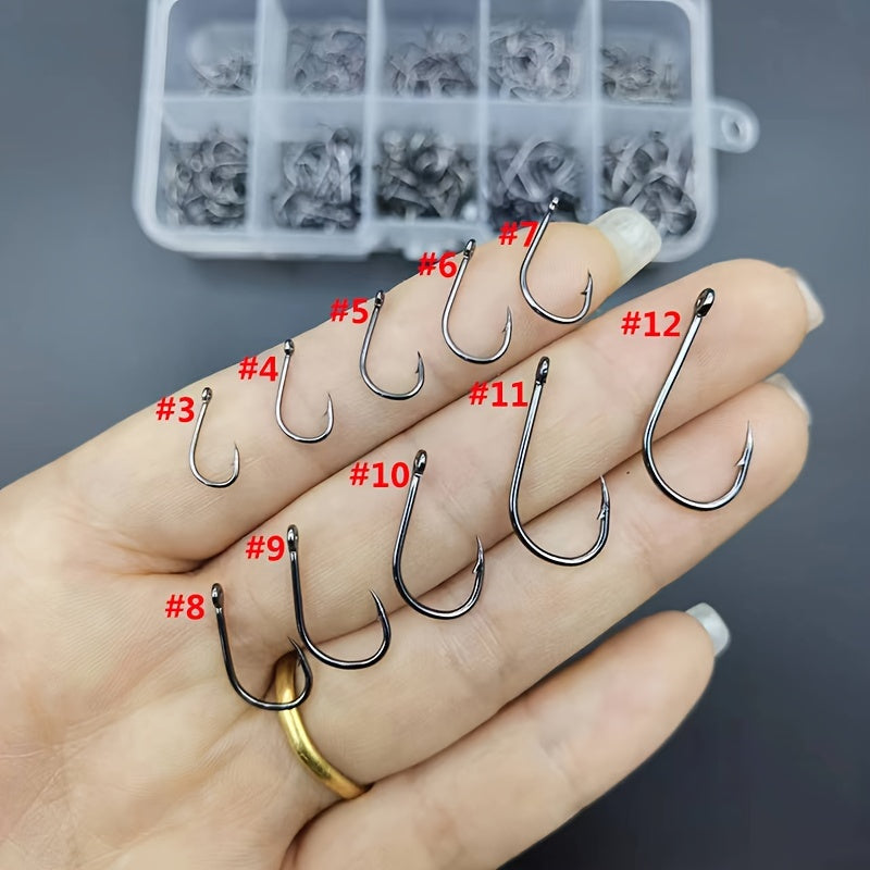 100/200/300/400/500pcs 3# - 12# Mixed Sizes Fishing Hook Set, Barbed Fishing Hooks With Eye, Fishing Tackle