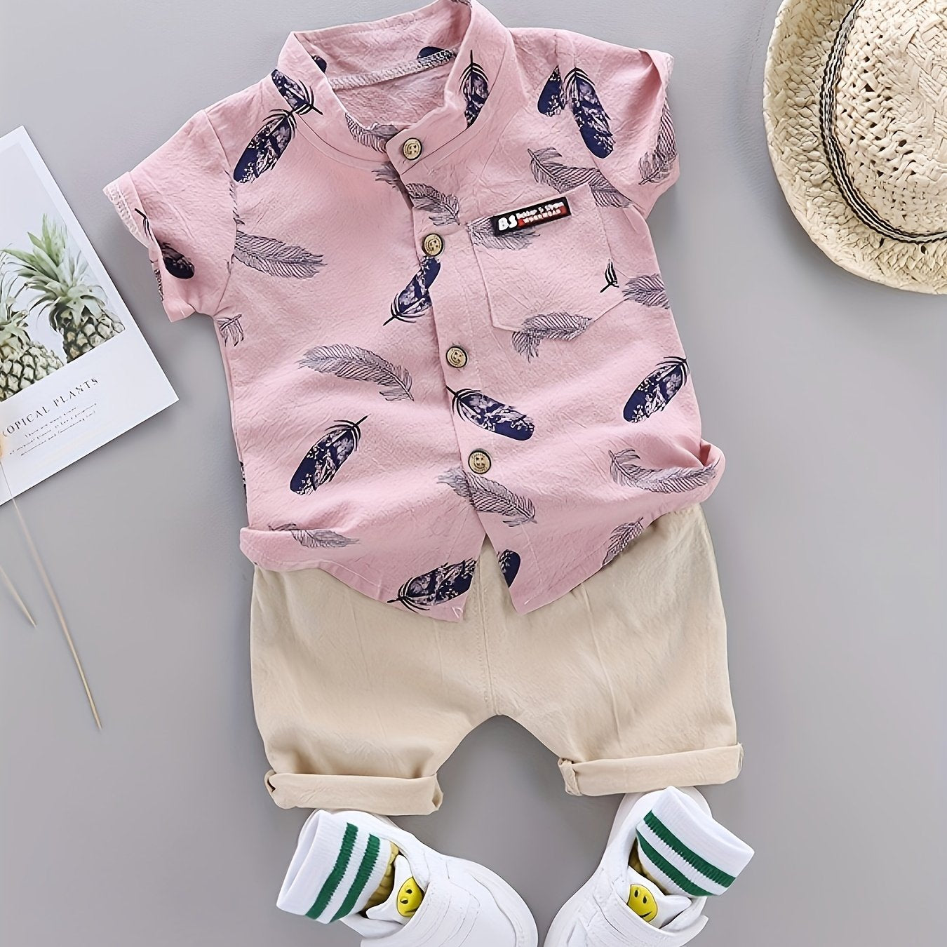 2-Piece Baby Boys’ Summer Outfit – Feather Print Short-Sleeve Shirt & Cotton Shorts Casual Set