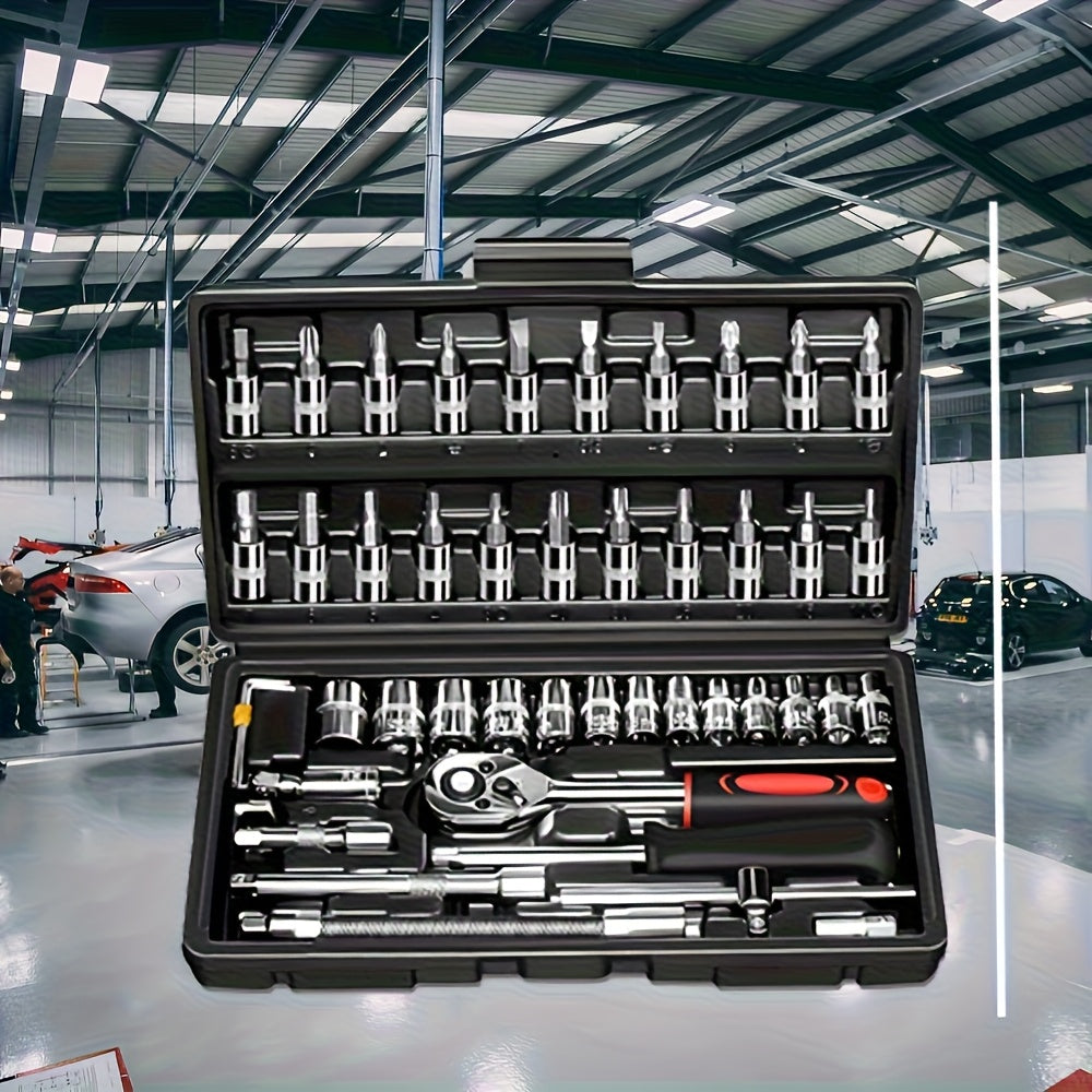 46pcs Mechanical Tool Socket Set, 1/2" 1/4" 3/8" Drive SAE and Metric Sizes, Universal Ratchet Wrench Set with 72-Tooth Ratchet for Automotive, Home, Garage, Bicycle Trunk