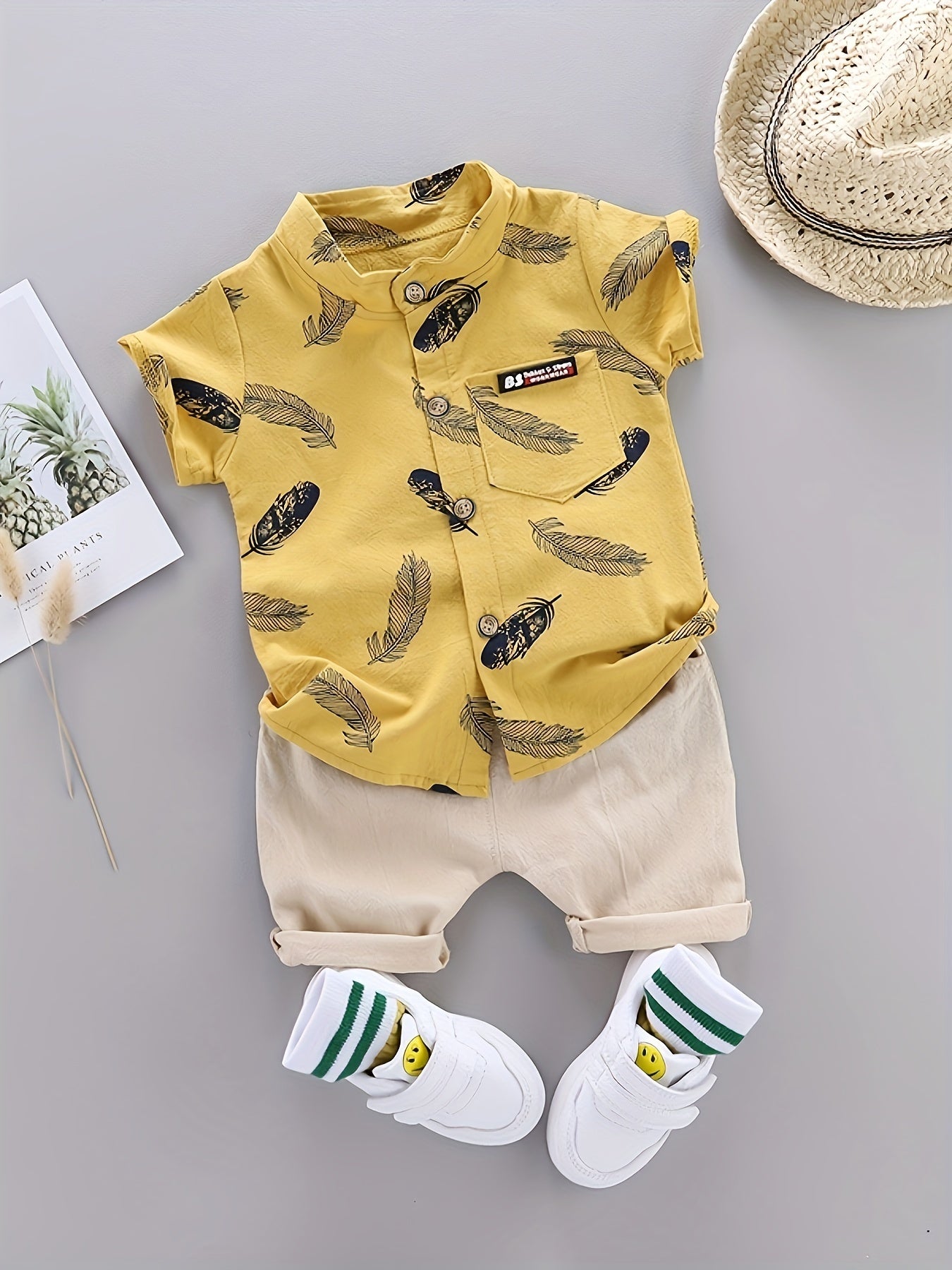 2-Piece Baby Boys’ Summer Outfit – Feather Print Short-Sleeve Shirt & Cotton Shorts Casual Set