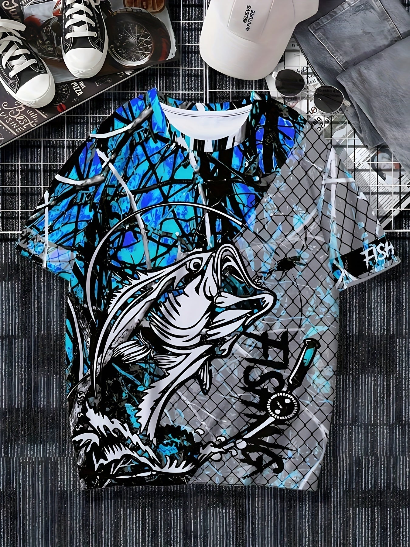 I-Men's Fashion Casual Crew Neck 3D Shirt Print Fishing Shirt, 100% Polyester Knit Fabric, Isitayela Esivamile Esine-Slight Stretch, I-Tee Yephethini Yezilwane Evamile Efanelekile