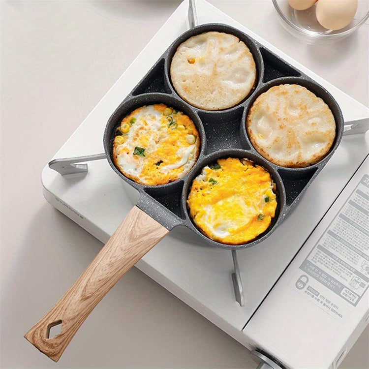 4-Hole Non-Stick Frying Pan with Maifan Stone Coating - Aluminum Handle, Perfect for Eggs, Pancakes, And More - Hand Wash Only, Induction Compatible, Kitchen Cookware | Modern Kitchenware | Durable Cookwar