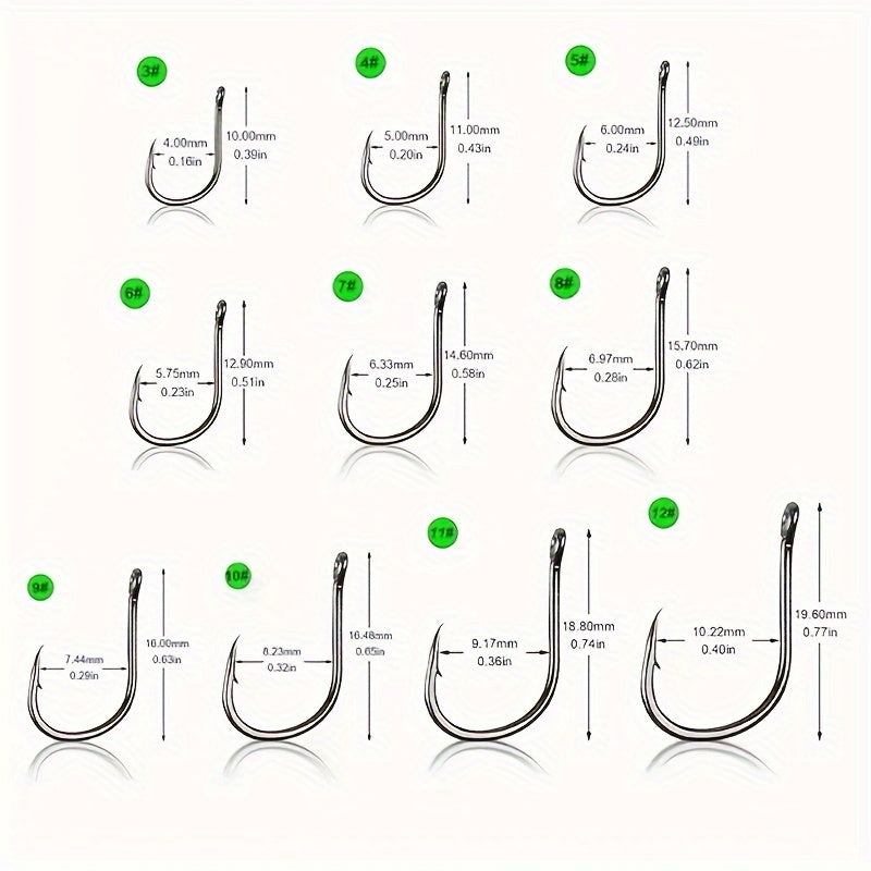 100/200/300/400/500pcs 3# - 12# Mixed Sizes Fishing Hook Set, Barbed Fishing Hooks With Eye, Fishing Tackle