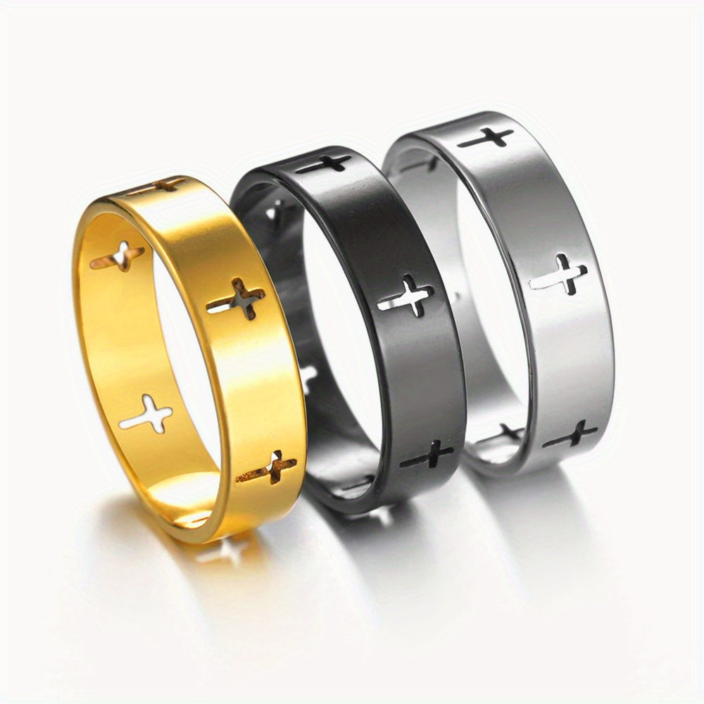 1pc Fashionable And Trendy Stainless Steel Ring With Hollow Cross For Men