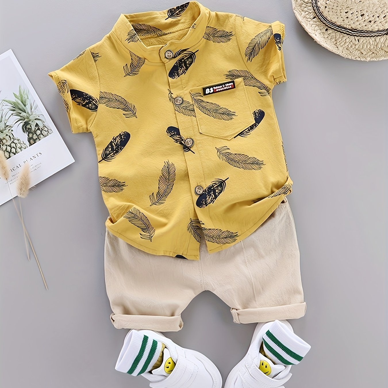 2-Piece Baby Boys’ Summer Outfit – Feather Print Short-Sleeve Shirt & Cotton Shorts Casual Set