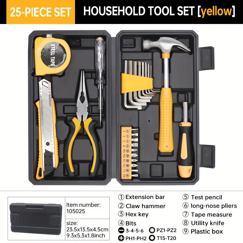 25-Piece Household Tool Set with Storage Case – Essential Hand Tools Kit with Hammer, Pliers, Screwdrivers & Tape Measure – Durable Steel Tools for