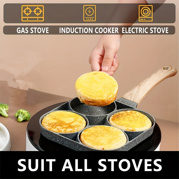 4-Hole Non-Stick Frying Pan with Maifan Stone Coating - Aluminum Handle, Perfect for Eggs, Pancakes, And More - Hand Wash Only, Induction Compatible, Kitchen Cookware | Modern Kitchenware | Durable Cookwar