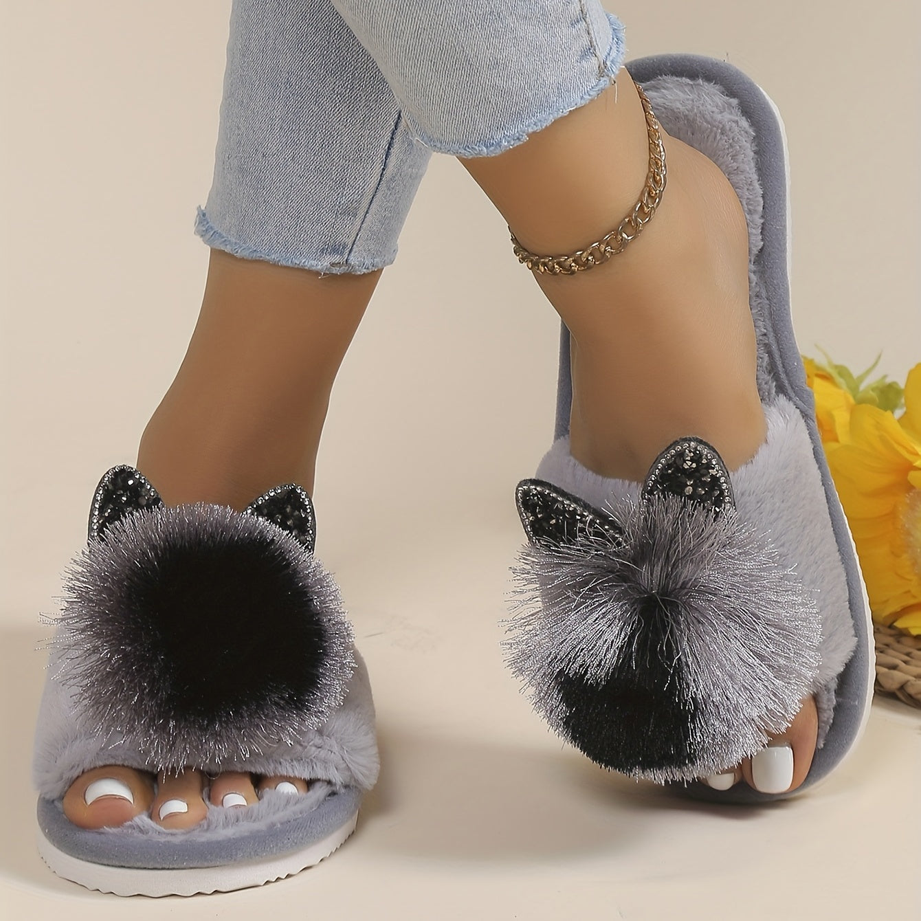Soft Women's Slip-On Slippers | All-Season Indoor House Shoes with Plush Faux Fur Trim & Sparkling Embellishments - Cute Slippers, Loungewear Essentials, Playful Design, Durable EVA Sole