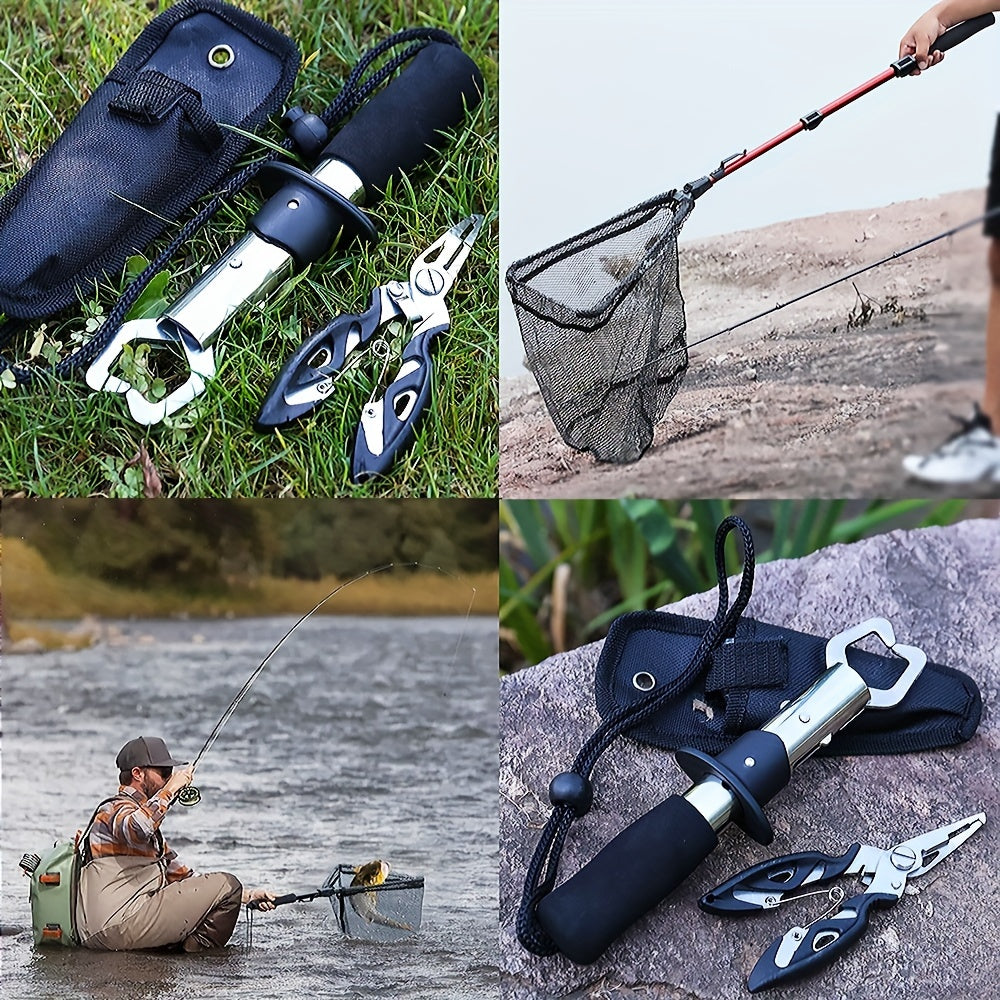 Complete Fishing Tool Set - Nets with Telescopic Folding Landing Net, EVA Handle, Durable Nylon Net Bag, Stainless Steel Fish Controller, and Fishing Pliers for Efficient Catching and Releasing
