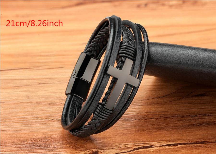 Luxurious Multicolor Cross Design Stainless Steel Men's PU Leather Bracelet - Adjustable 19/21/23cm Length, Stylish, Water Resistant, Durable, Perfect for Formal Occasions, Christmas Gifts, Father's Day Gift, Anniversary Pres