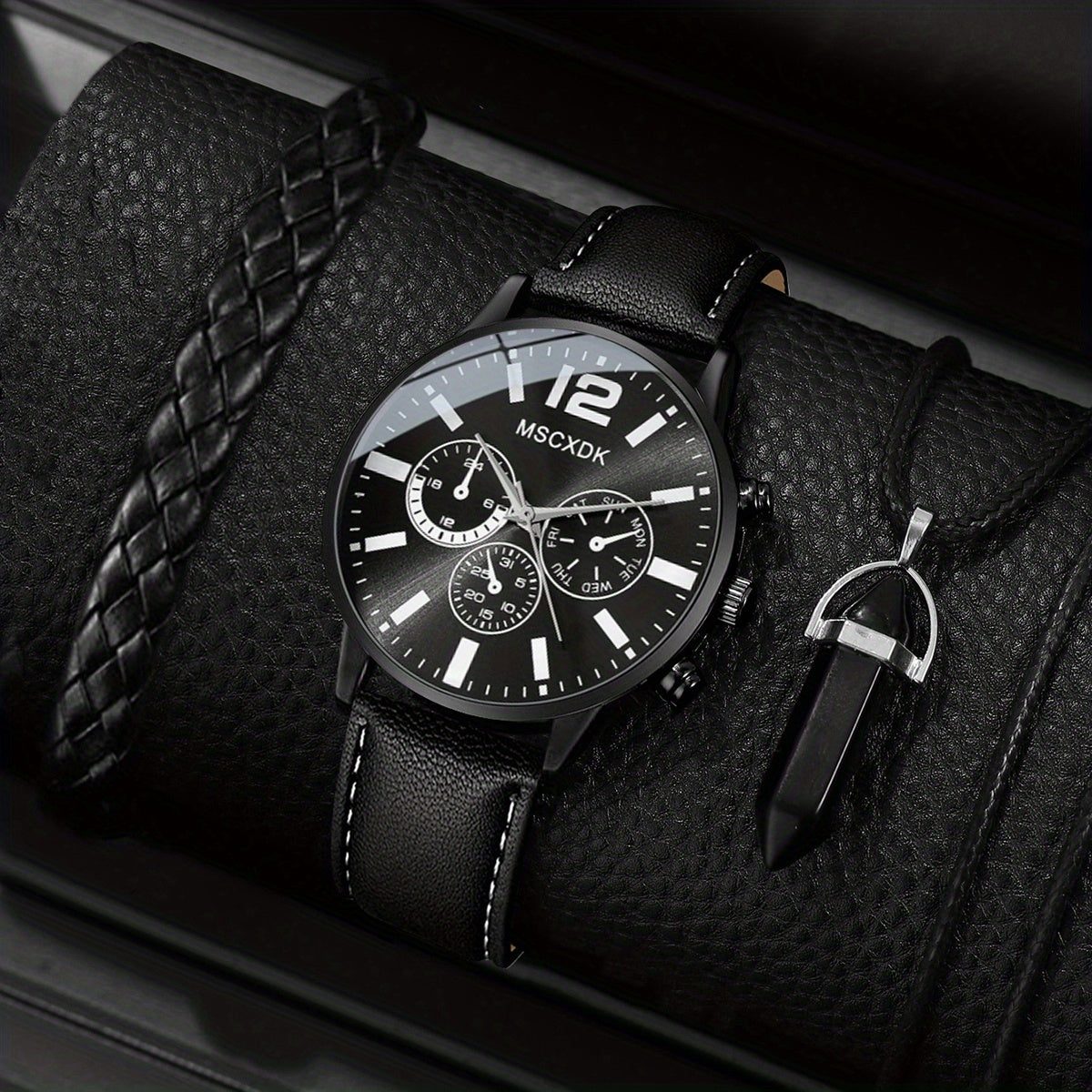 3pcs/set - Elegant Men's Quartz Watch with Matching Bracelet and Necklace - Stylish Timepiece, Perfect for Gifting on Special Occasions