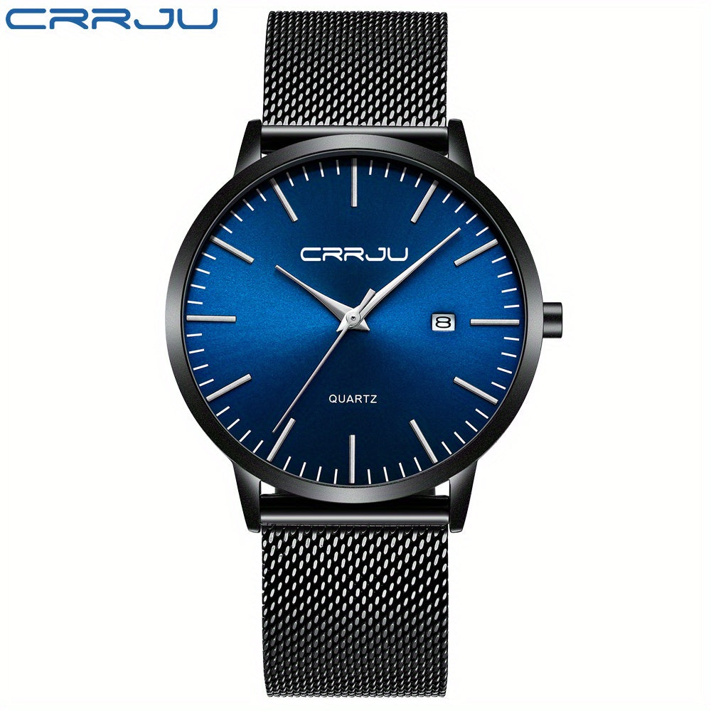 CRRJU Men'S Slim Quartz Watch, Casual Style, Round Zinc Alloy Case, Stainless Steel Strap, Pointer Display, Battery Powered, IPX8 Water Resistant, Non-rechargeable Button Battery