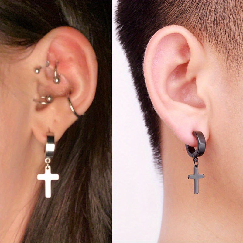 2pairs Simple Cross Ear Buckle Earrings, Men's Stainless Steel Ear Clip Earrings