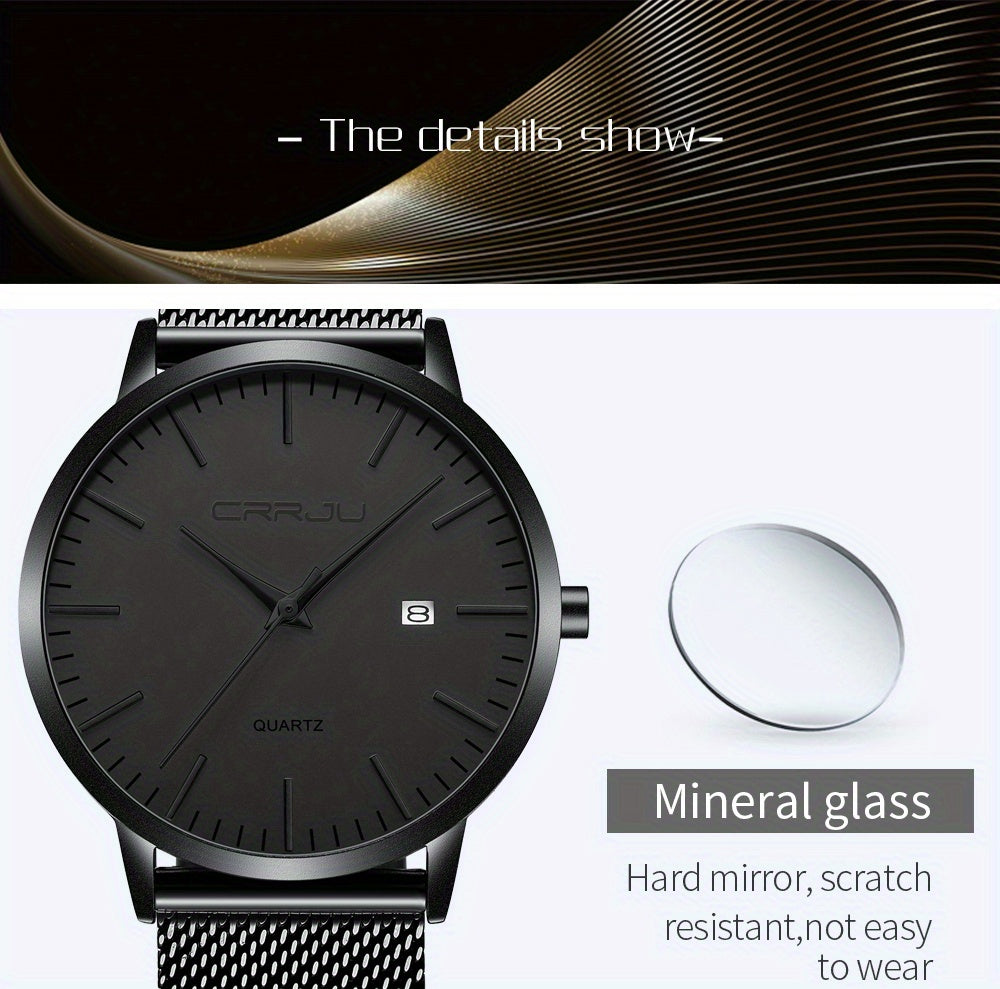 CRRJU Men'S Slim Quartz Watch, Casual Style, Round Zinc Alloy Case, Stainless Steel Strap, Pointer Display, Battery Powered, IPX8 Water Resistant, Non-rechargeable Button Battery