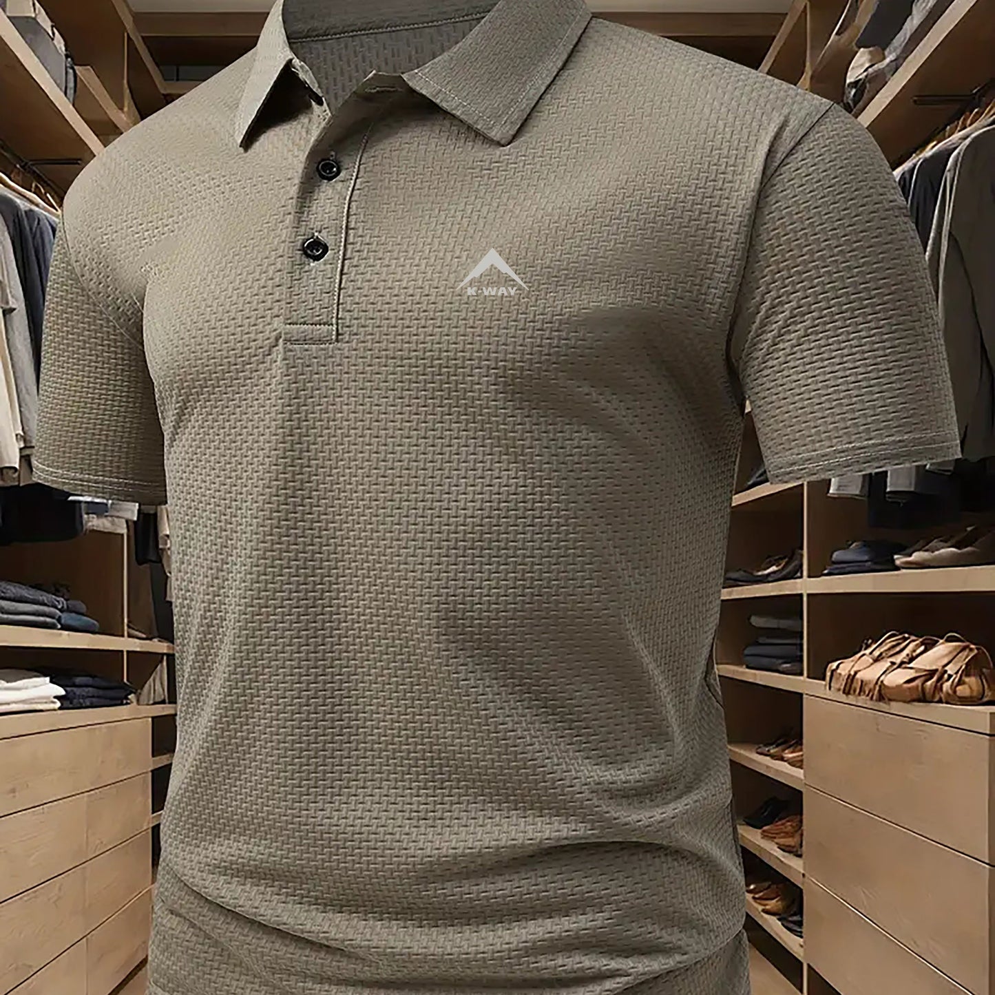 KWAY Men'S Breathable Summer Shirt - Lightweight Stretch Fabric, Solid Color with Contrast Collar & Chest Logo, Quick-Dry Golf & Business Casual Short Sleeve Top for Casual Attire, Breathable Summer Shirt, Golf Apparel, Sleek