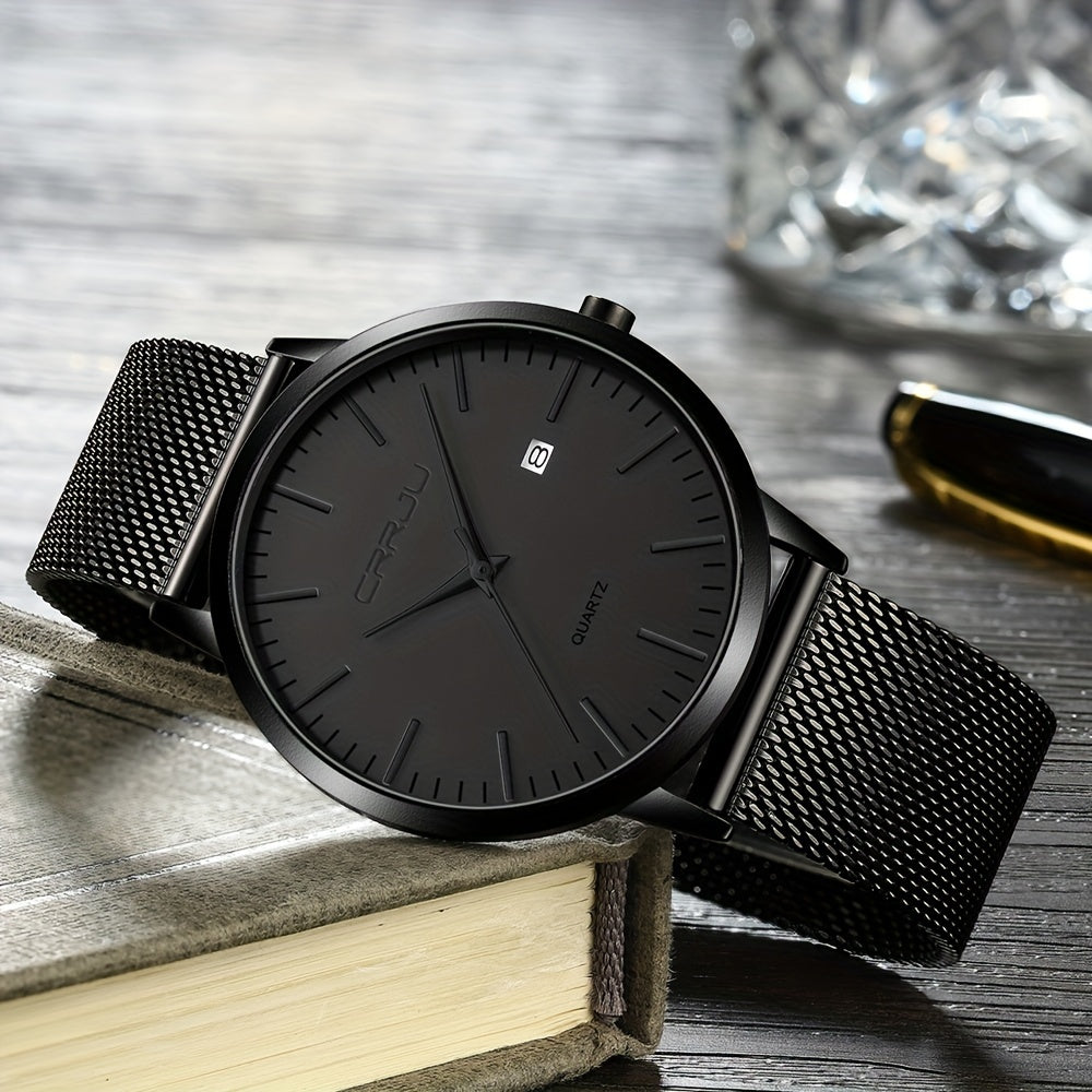 CRRJU Men'S Slim Quartz Watch, Casual Style, Round Zinc Alloy Case, Stainless Steel Strap, Pointer Display, Battery Powered, IPX8 Water Resistant, Non-rechargeable Button Battery