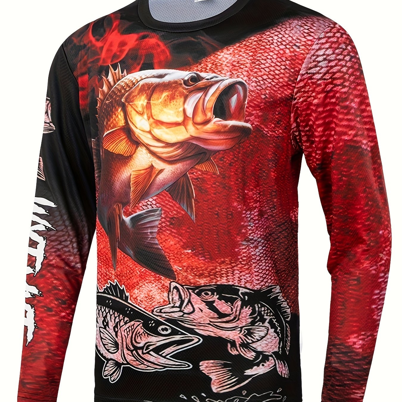 Men’s Breathable Long Sleeve Sports T-Shirt – Outdoor Fishing & Cycling Jersey with Fish & Flame Print, Lightweight Athletic Top for Spring, Summer & Autumn