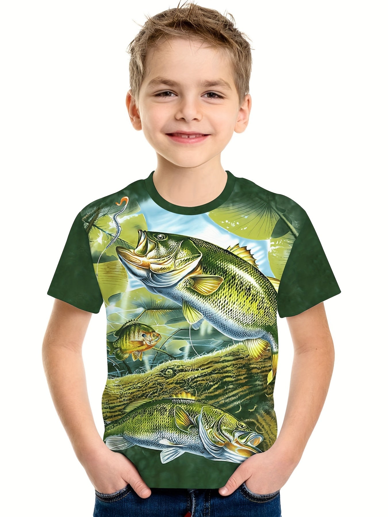Knit Fishing Graphic Short Sleeve Crew Neck T-shirt For Boys, Cool Casual Breathable Summer Set Gift