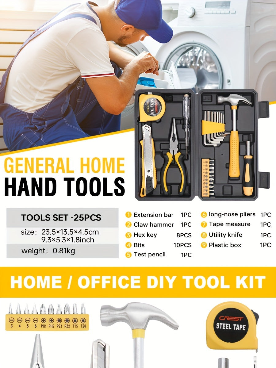 25-Piece Household Tool Set with Storage Case – Essential Hand Tools Kit with Hammer, Pliers, Screwdrivers & Tape Measure – Durable Steel Tools for