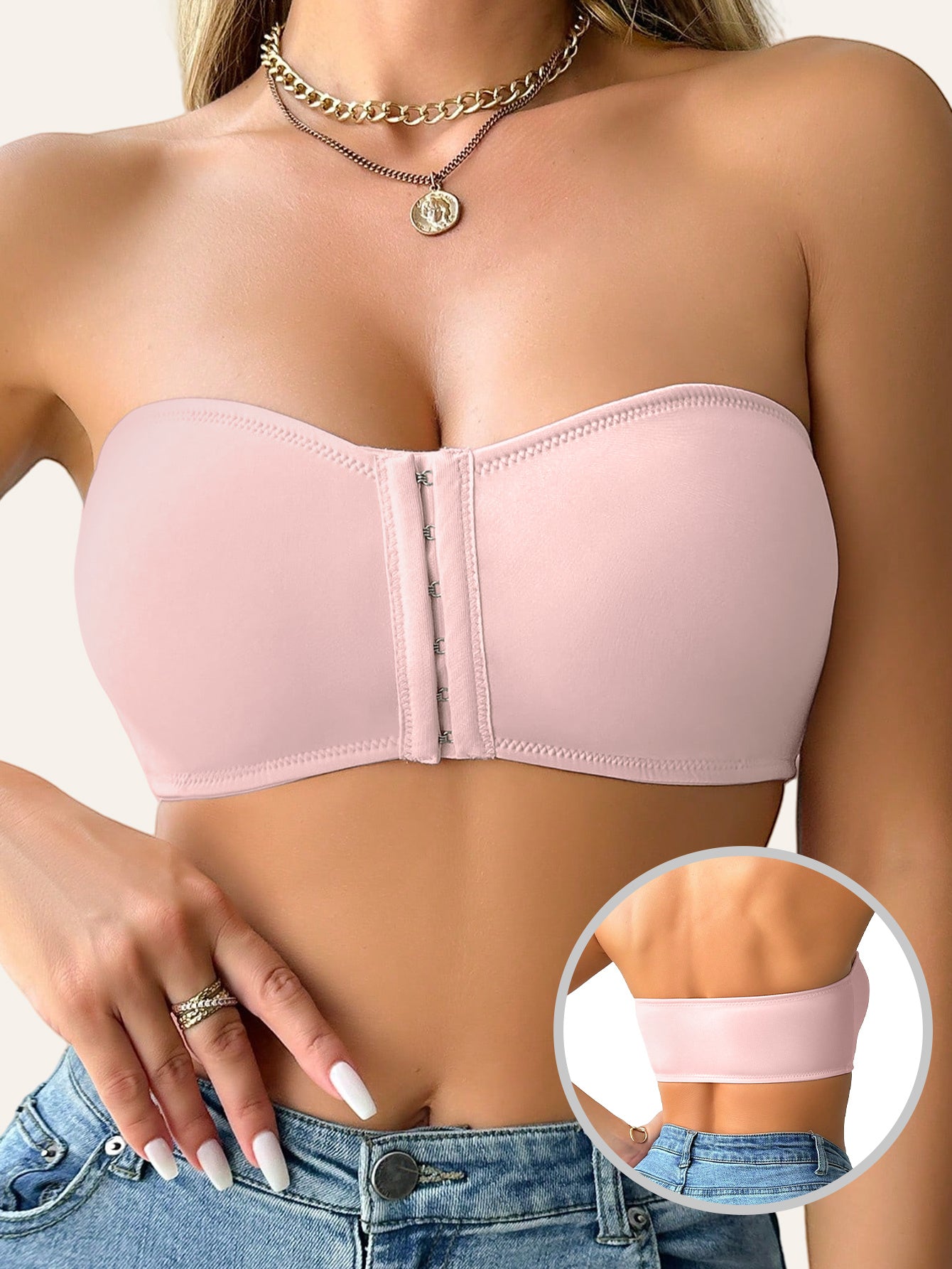 Women's Strapless T-Shirt Bra – Front Clasp & 6-Row Zipper, Seamless, No Underwire, Removable Pads, High-Elastic Soft Pink – Full Coverage for Yoga, Gym & Casual Wear