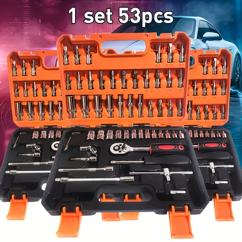 53pcs Universal Car Repair Tool Set - Comprehensive Automotive Maintenance Solution - High-Quality Durable Accessories Suitable for DIY Repairs and Daily Use, Industrial Professional Manual Tool Kit Including Socket Wrenches