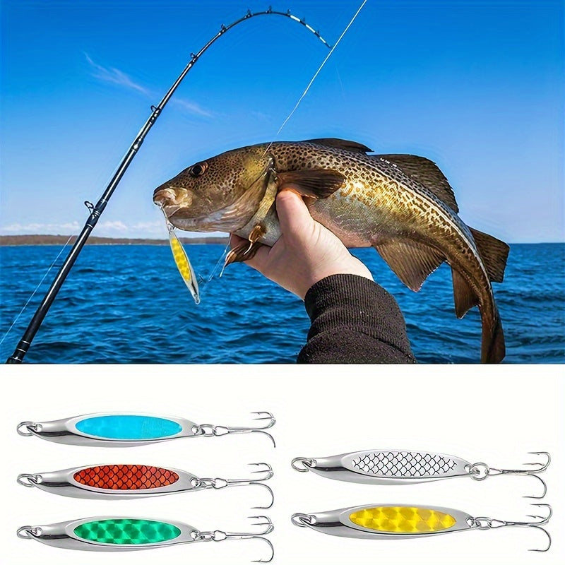 5pcs Essential Anglers Lure Set - Versatile Metal Baits for Saltwater & Freshwater Fishing - Durable Treble Hook Design for Trout, Bass, Salmon