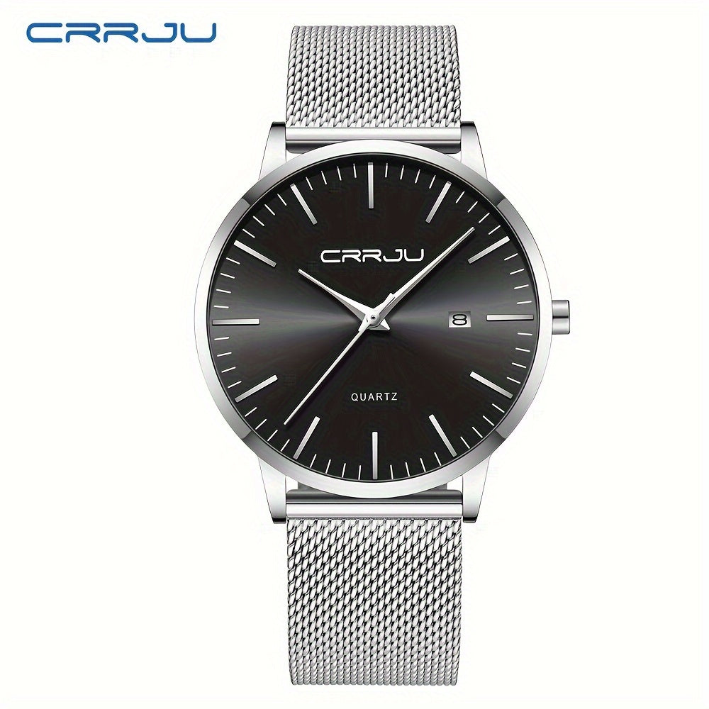 CRRJU Men'S Slim Quartz Watch, Casual Style, Round Zinc Alloy Case, Stainless Steel Strap, Pointer Display, Battery Powered, IPX8 Water Resistant, Non-rechargeable Button Battery