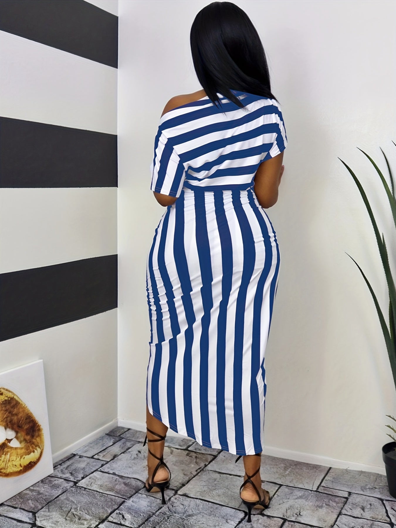 Striped Off Shoulder Dress, Casual Asymmetrical Short Sleeve Dress, Women's Clothing