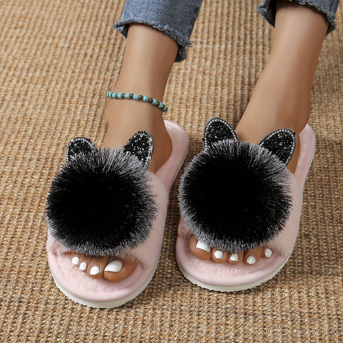 Soft Women's Slip-On Slippers | All-Season Indoor House Shoes with Plush Faux Fur Trim & Sparkling Embellishments - Cute Slippers, Loungewear Essentials, Playful Design, Durable EVA Sole