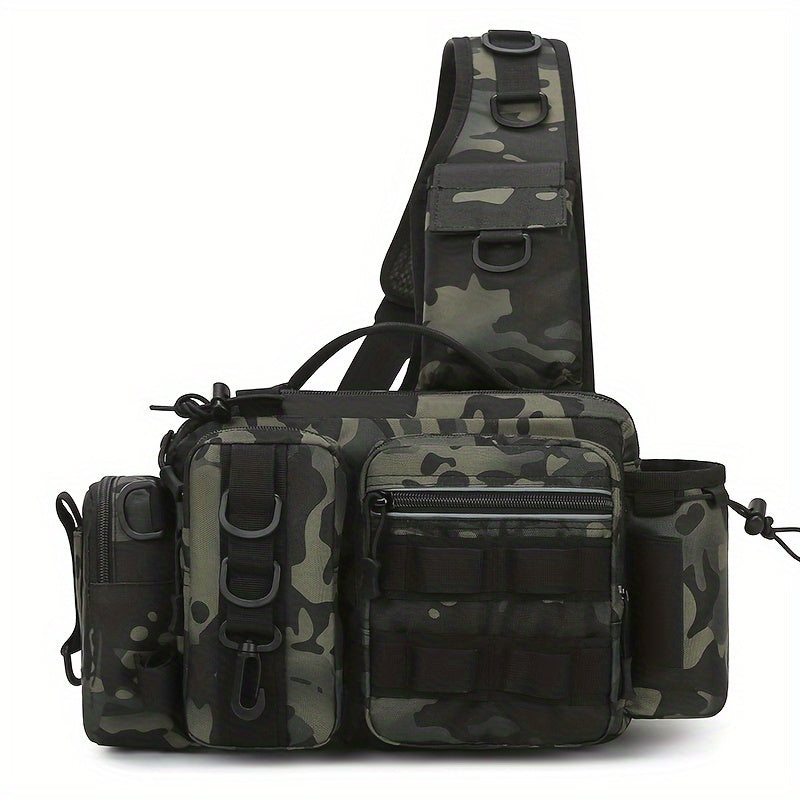 1pc Premium Waterproof Nylon Fishing Backpack - Multi-Functional Chest Bag with Adjustable Strap, Padded Shoulder Pads, and Multiple Compartments - Ideal for Fishing, Hiking, Camping, and Outdoor Adventures