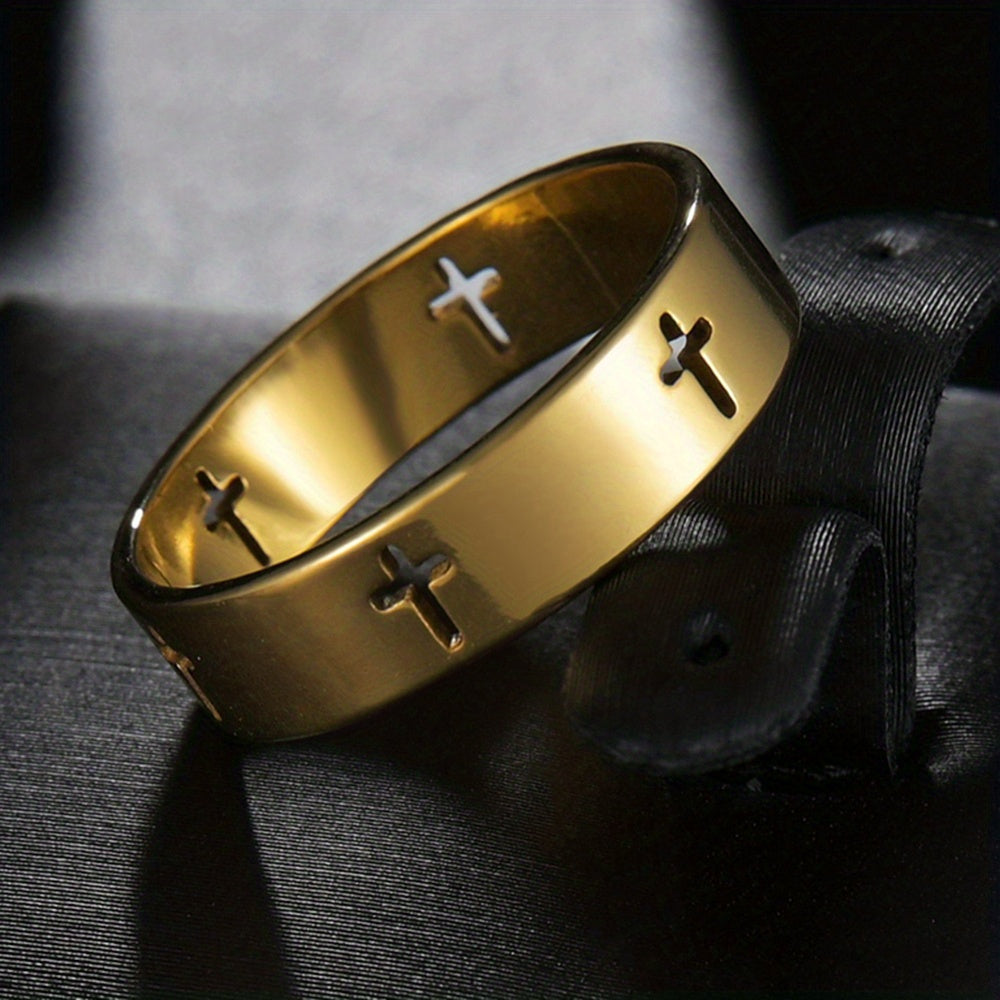 1pc Fashionable And Trendy Stainless Steel Ring With Hollow Cross For Men