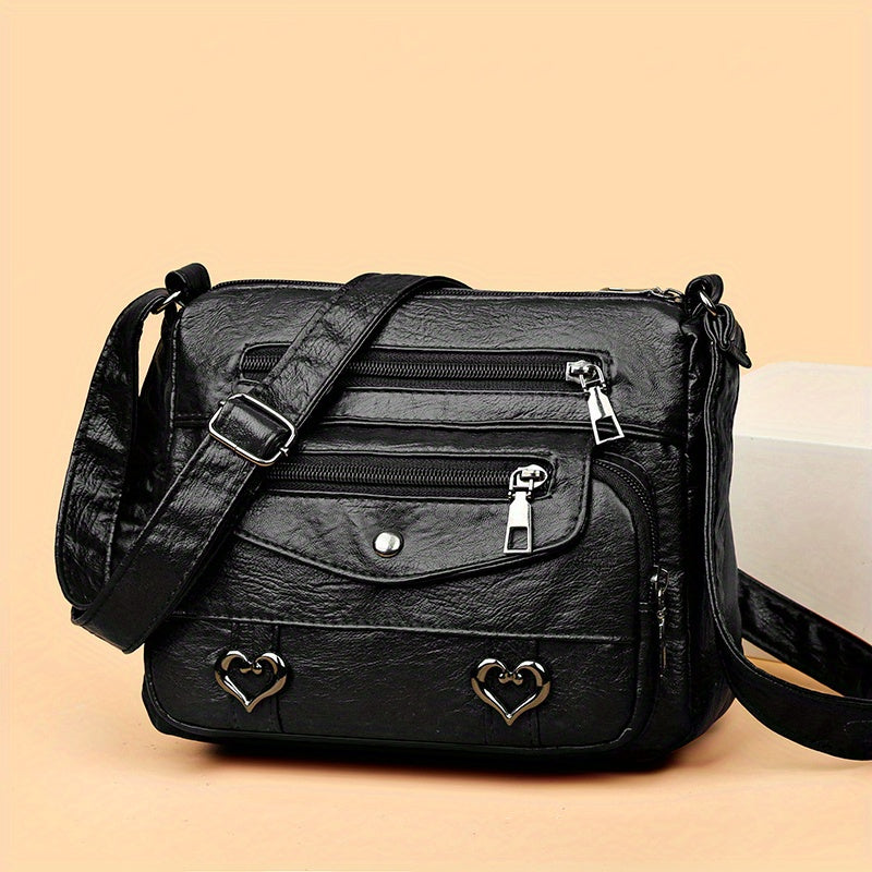 Retro Multi Pockets Crossbody Bag, Soft Faux Leather Shoulder Bag, Heart Decor Purse For Women
