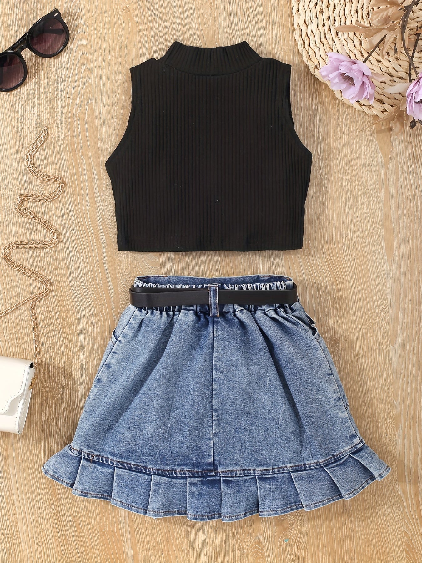 2pcs Toddler Girls Summer Outfit - Skirt Sets with Turtleneck Ribbed Knit Tank Top, Ruffled Hem Pleated Button Belted Denim Skirt, K-pop Inspired, Kids Clothing for Summer Season
