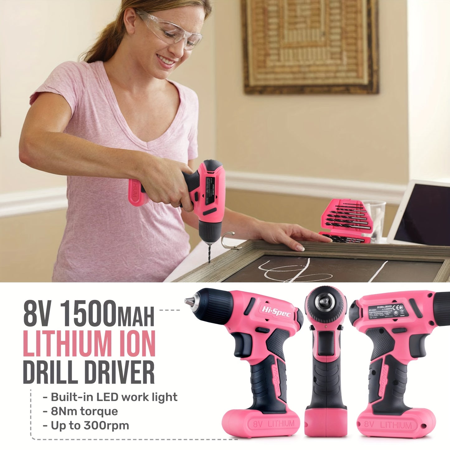 1 Set 8V Rechargeable Electric Screwdriver Set, Household Electric Drill, Pink Multifunctional Toolbox, Power Tool
