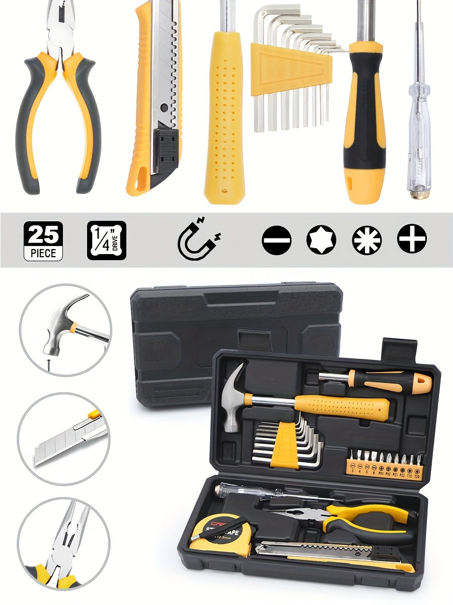 25-Piece Household Tool Set with Storage Case – Essential Hand Tools Kit with Hammer, Pliers, Screwdrivers & Tape Measure – Durable Steel Tools for