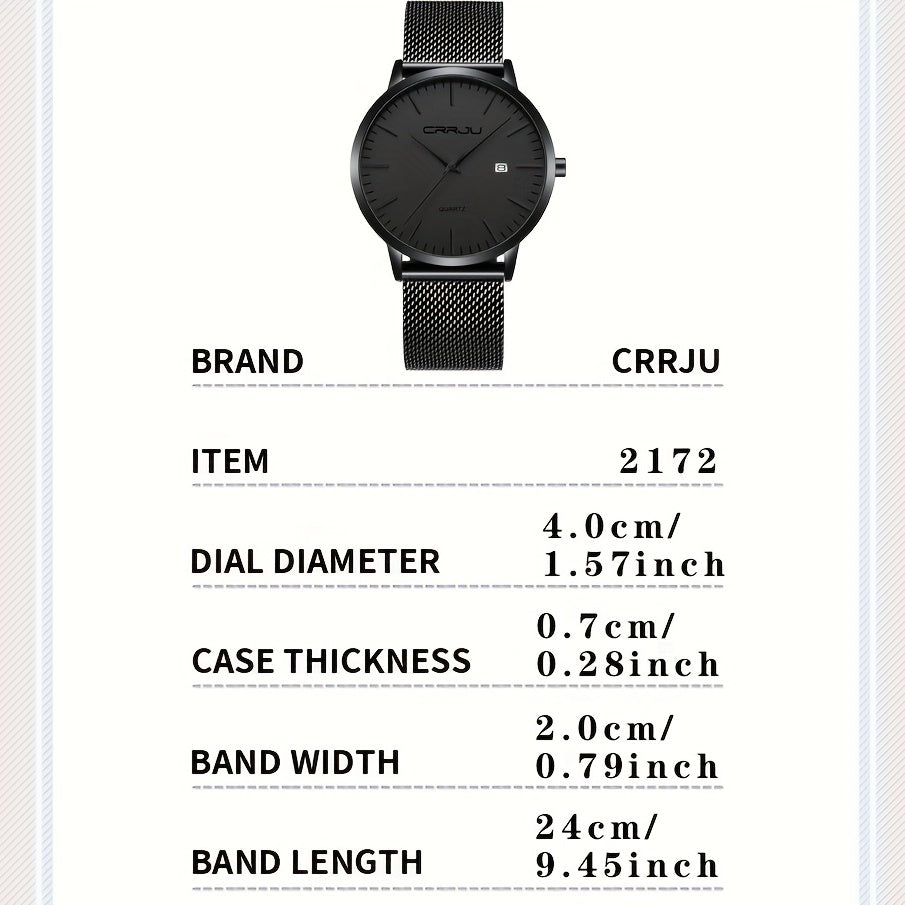 CRRJU Men'S Slim Quartz Watch, Casual Style, Round Zinc Alloy Case, Stainless Steel Strap, Pointer Display, Battery Powered, IPX8 Water Resistant, Non-rechargeable Button Battery