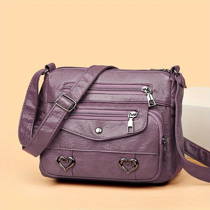 Retro Multi Pockets Crossbody Bag, Soft Faux Leather Shoulder Bag, Heart Decor Purse For Women