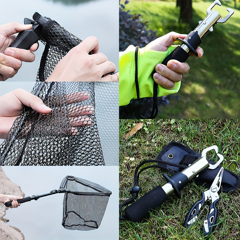 Complete Fishing Tool Set - Nets with Telescopic Folding Landing Net, EVA Handle, Durable Nylon Net Bag, Stainless Steel Fish Controller, and Fishing Pliers for Efficient Catching and Releasing